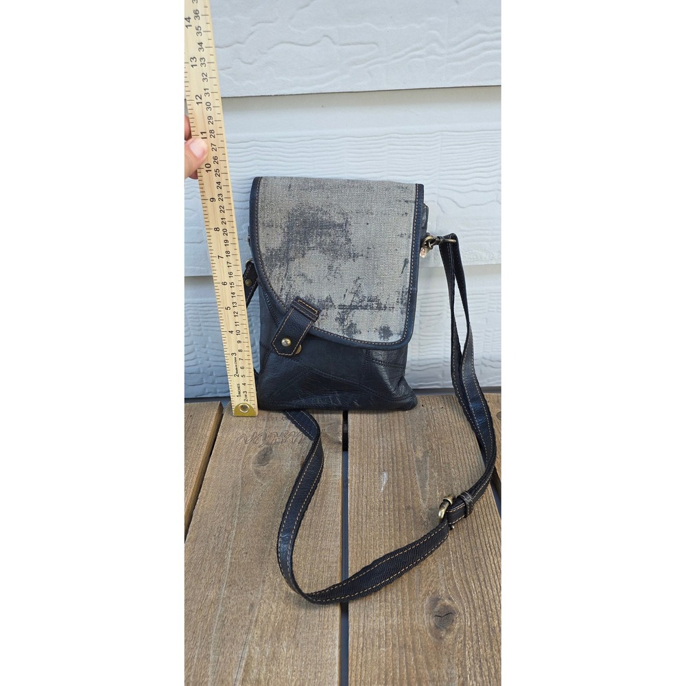 Vaan & Co Upcycled Leather Canvas Crossbody Bag Patchwork Messenger Black Gray